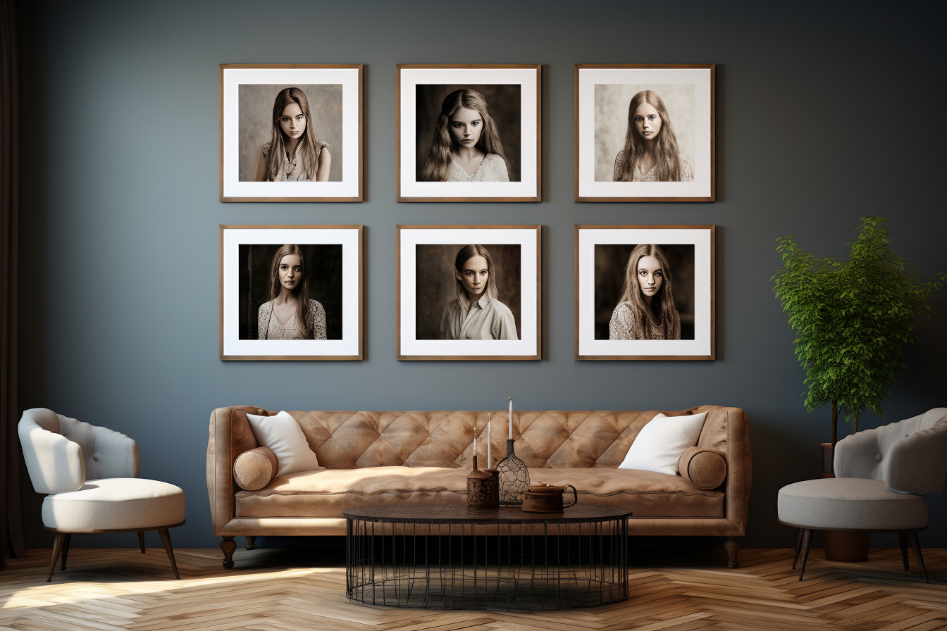 Black framed family portraits on lounge wall