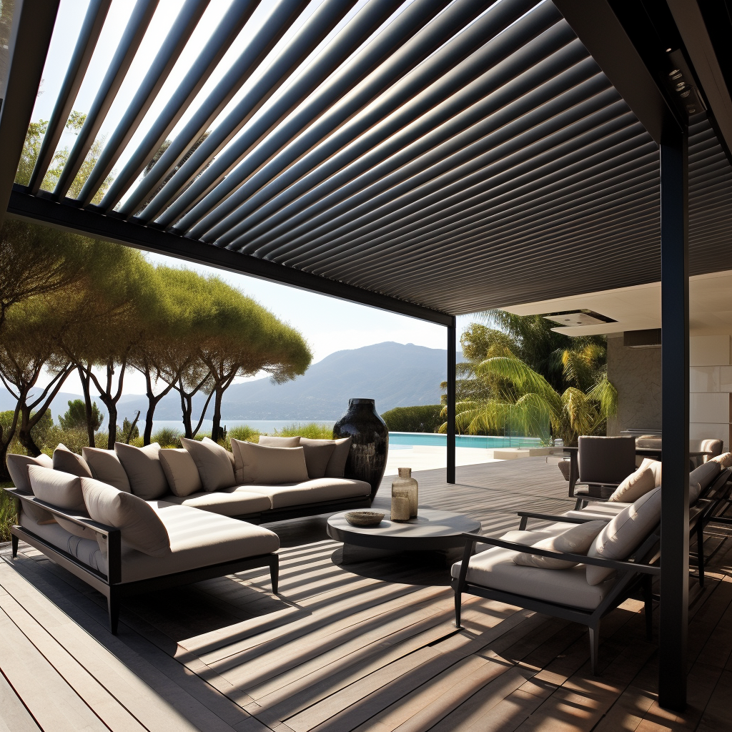 Modern louvered pergola providing outdoor shade solution