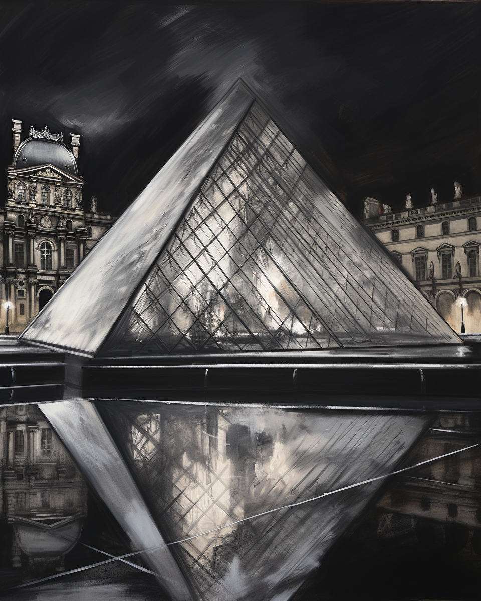 Expressionist charcoal sketch of Louvre Pyramid at night