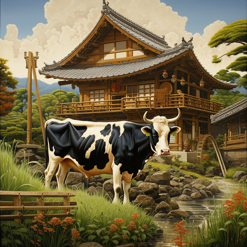 Japanese house with cow and rice