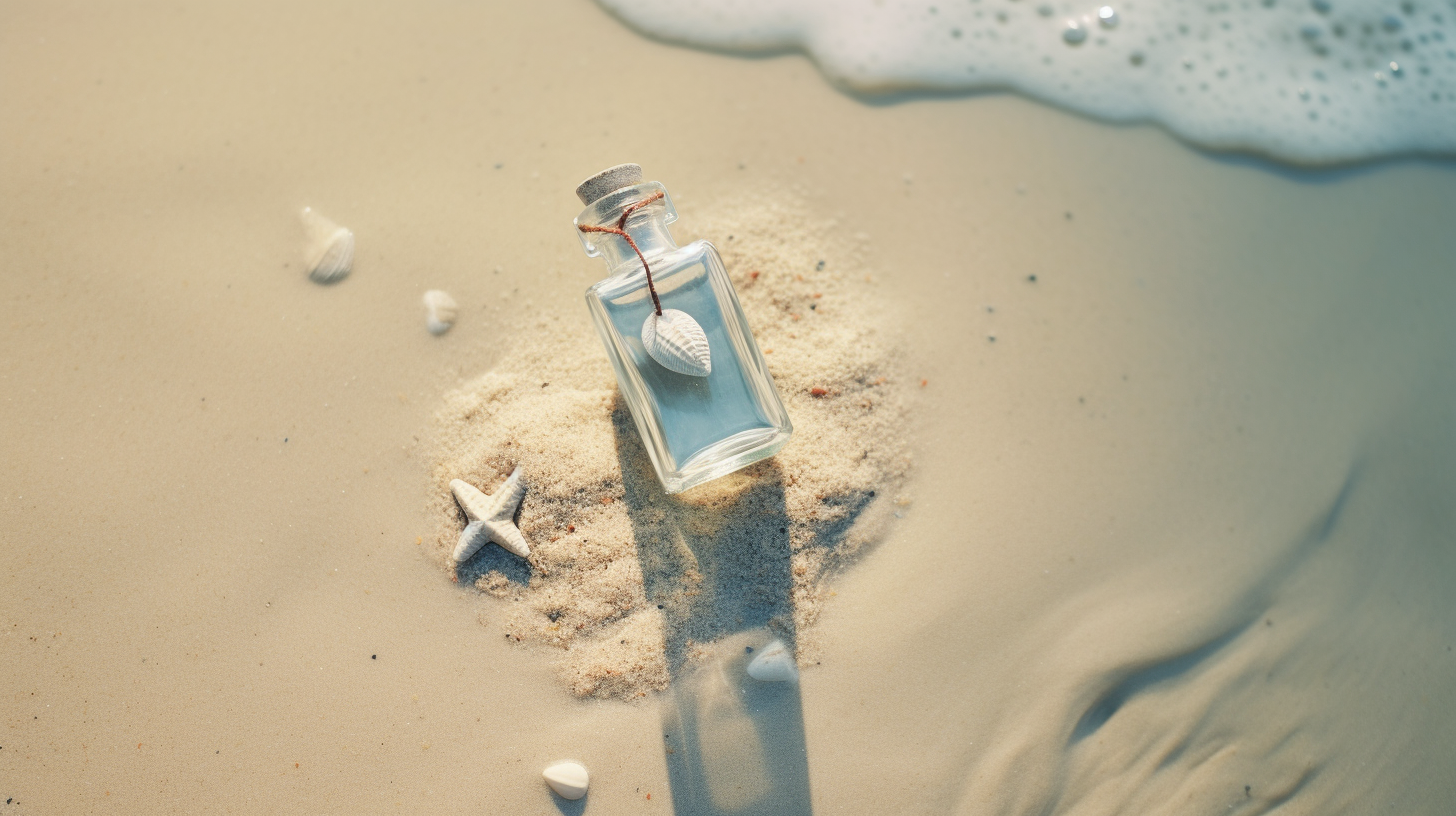 Love letter inside bottle on sand and water