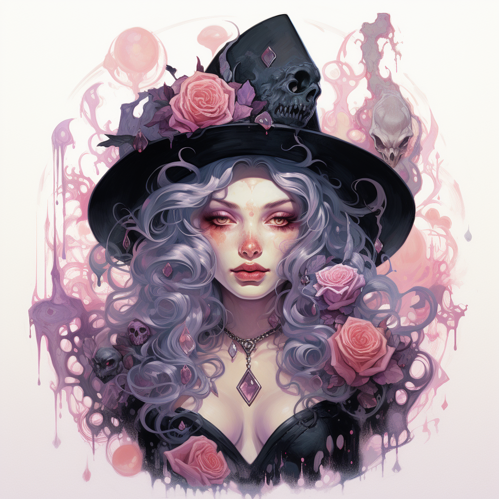 A witch with love emotion and heart-shaped flowers