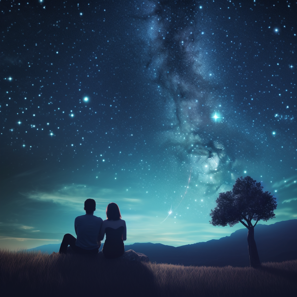 Love couple looking at sky and shooting stars