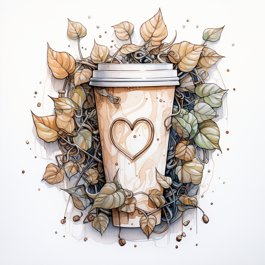 Sketch of love, starbucks lattes, and leaves