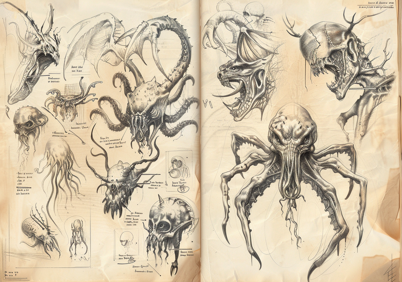 Lovecraftian monster sketches with anatomical notes