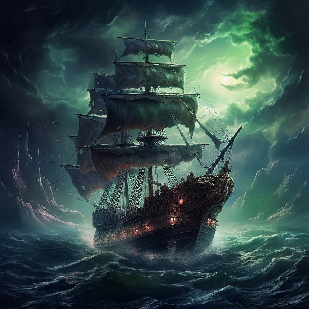 Scary Lovecraftian Pirate Ship Sailing Cosmic Ocean