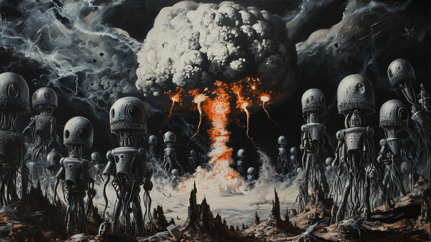 Lovecraftian robot army explosion artwork