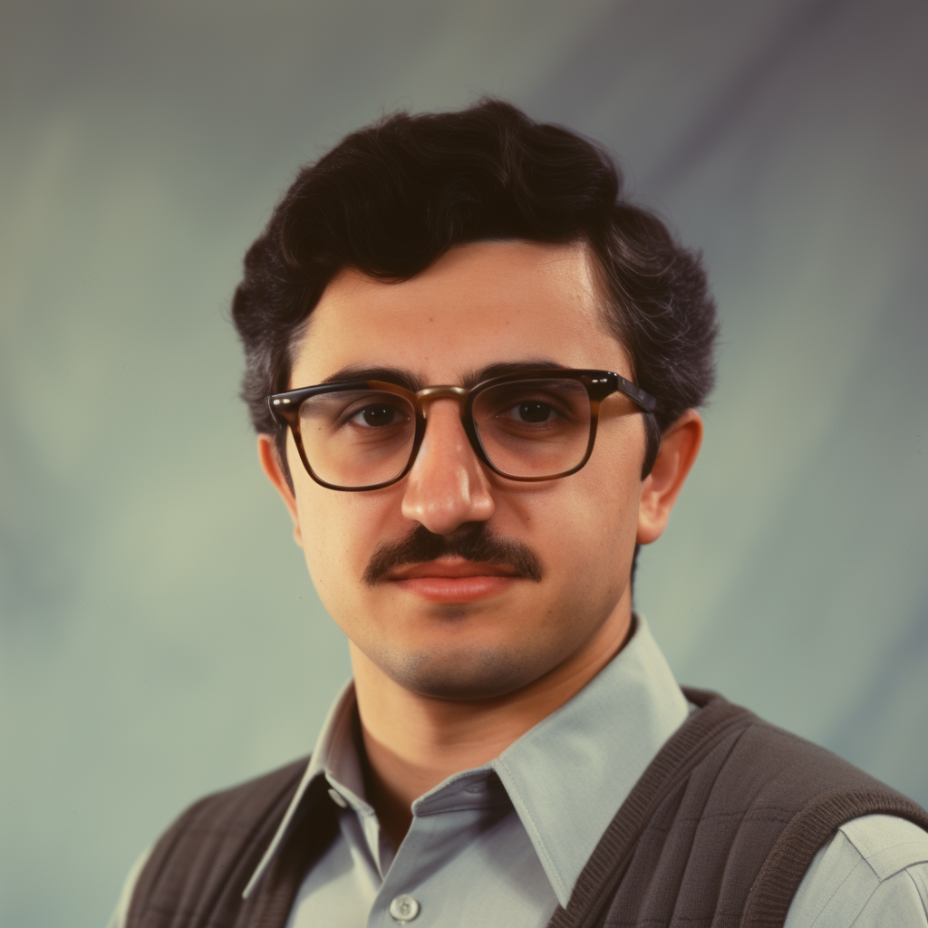 Iraqi father with white skin, brown eyes, black hair, and glasses