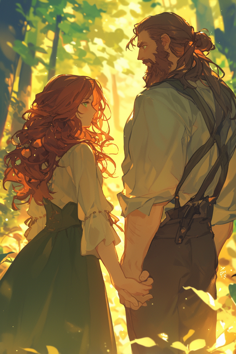 Lovers holding hands in forest