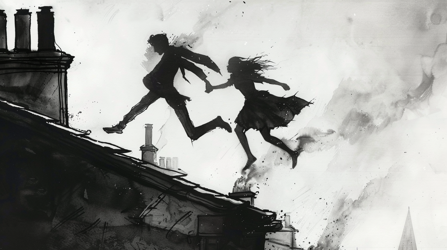 Lovers running on rooftops drawing