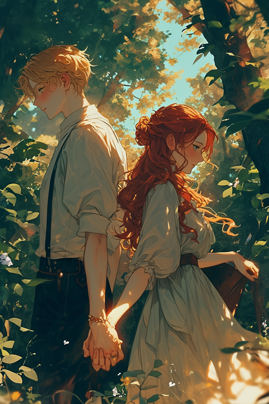 Lovers in forest holding hands