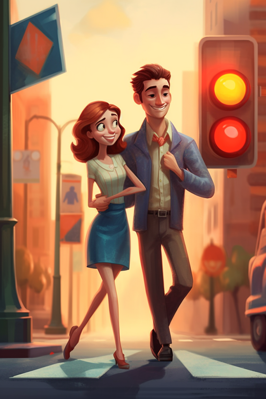 Smiling couple walking in Pixar style