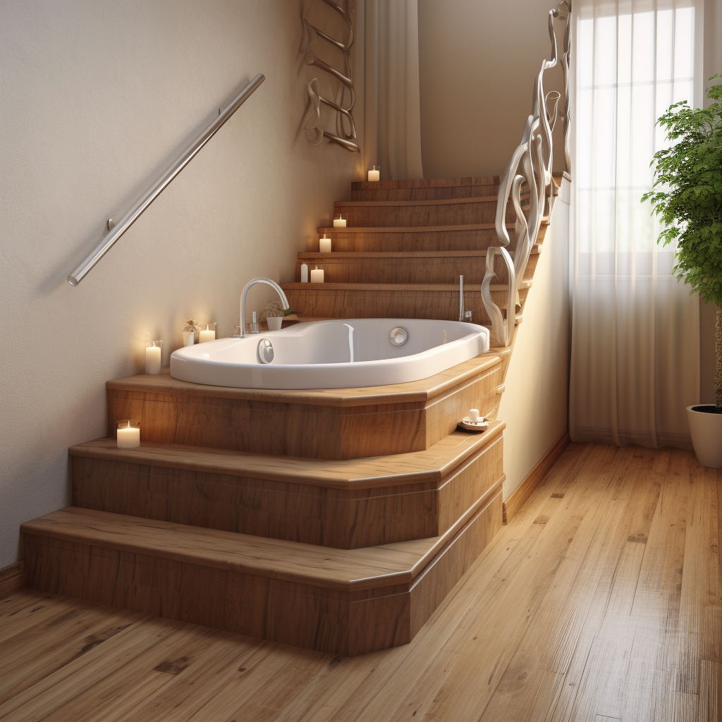 Wood finish bathtub on floor