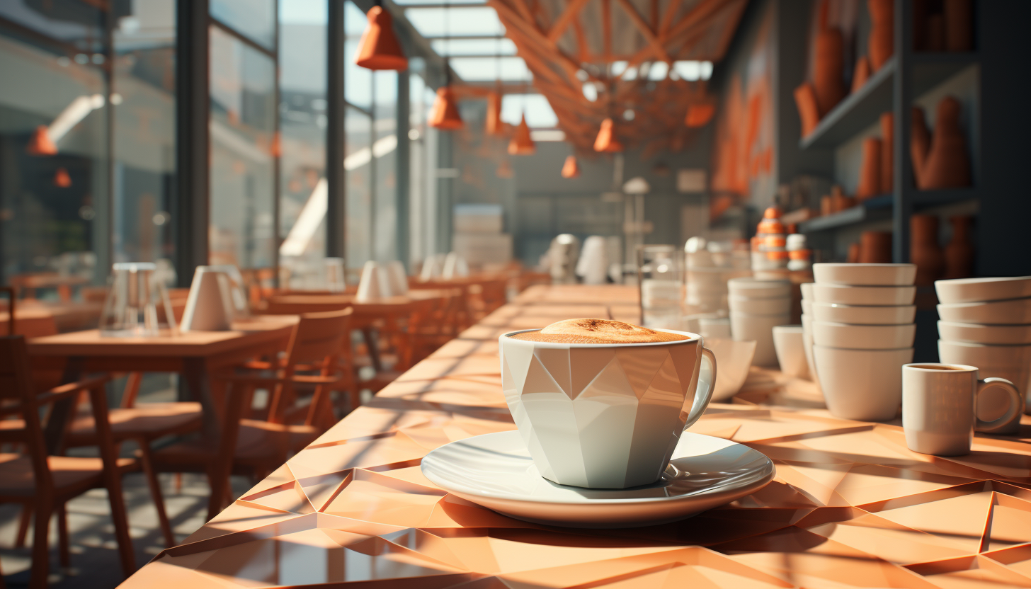 Close-up of a photorealistic low poly coffee in a cafe