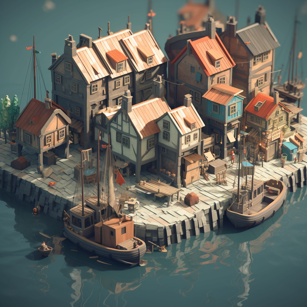 Low Poly Port Village with Docking