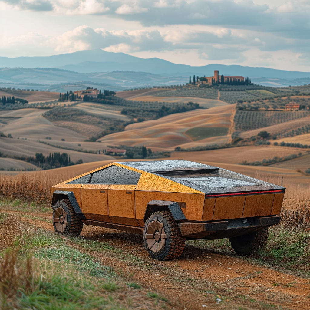 Terracotta Cybertruck in Tuscan Hillside