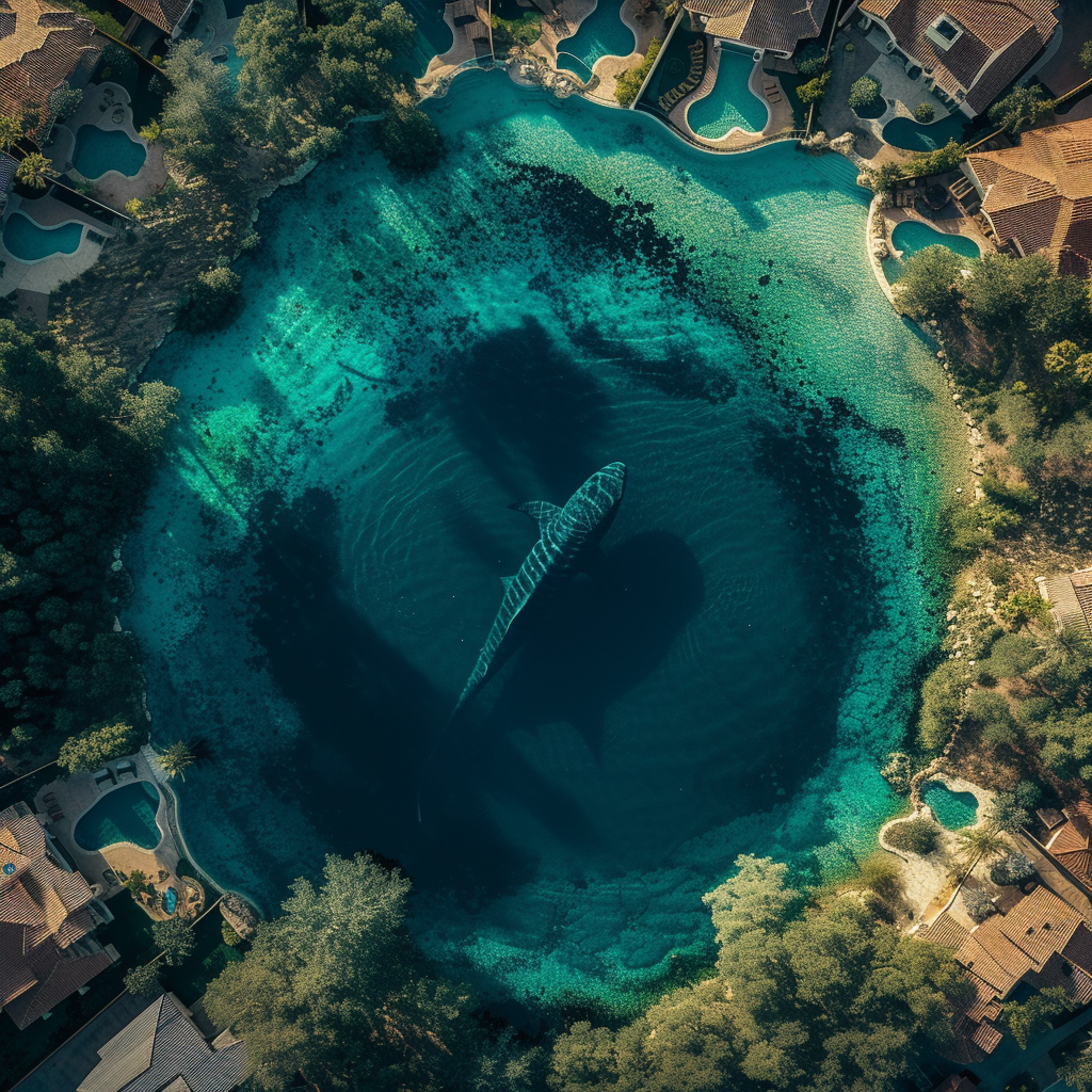 Aerial shot of lagoon with shark near homes