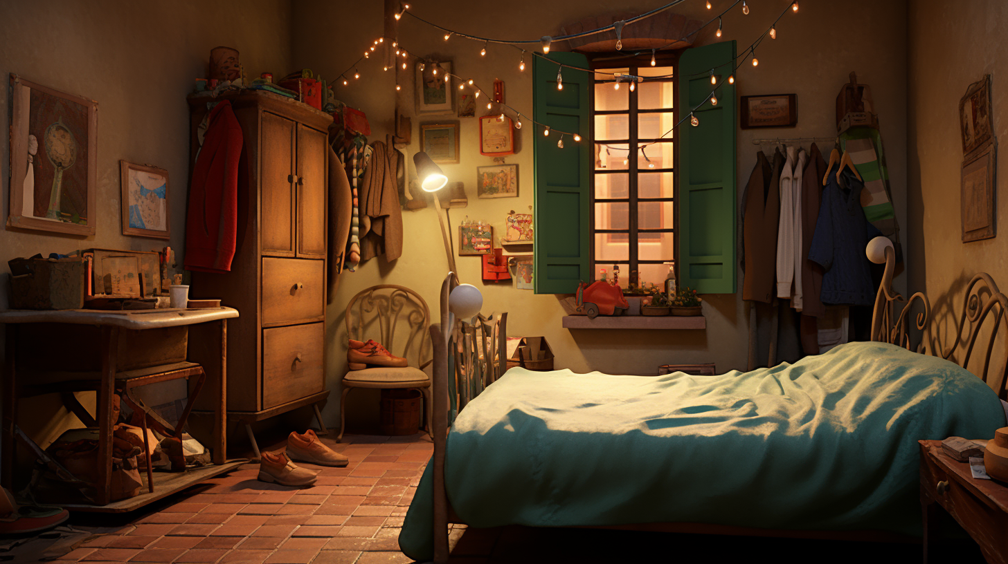 bedroom with christmas stockings at night