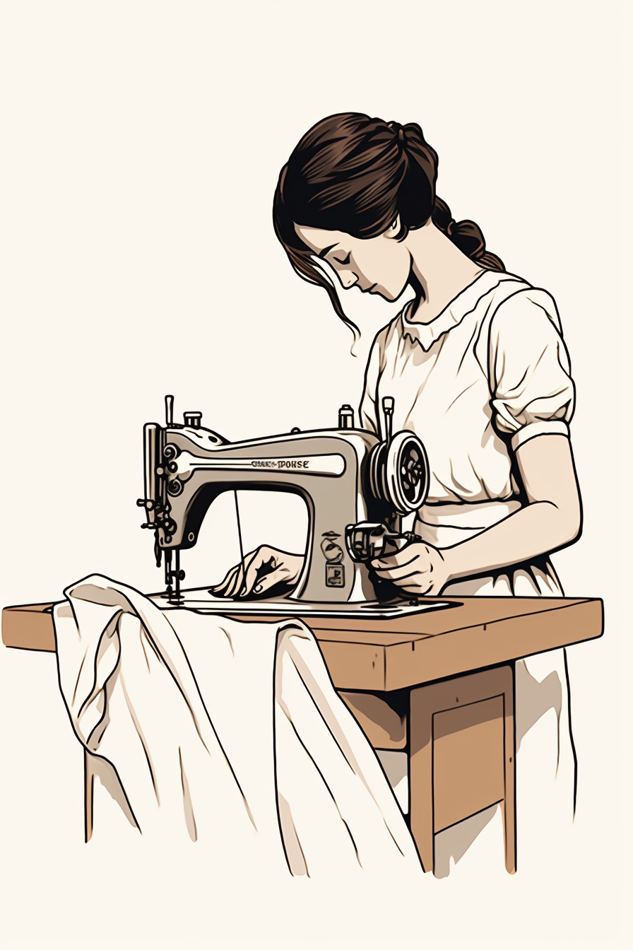 Woman sewing with sewing machine art