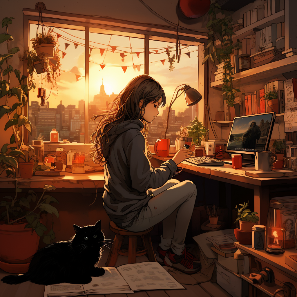 Warm manga interior with cat and girl