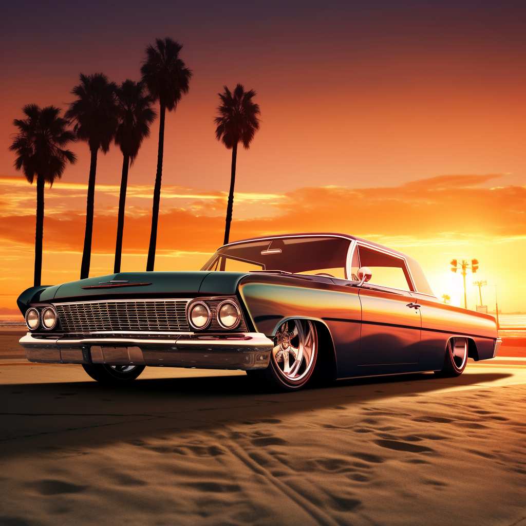 Lowrider car at sunset on California beach