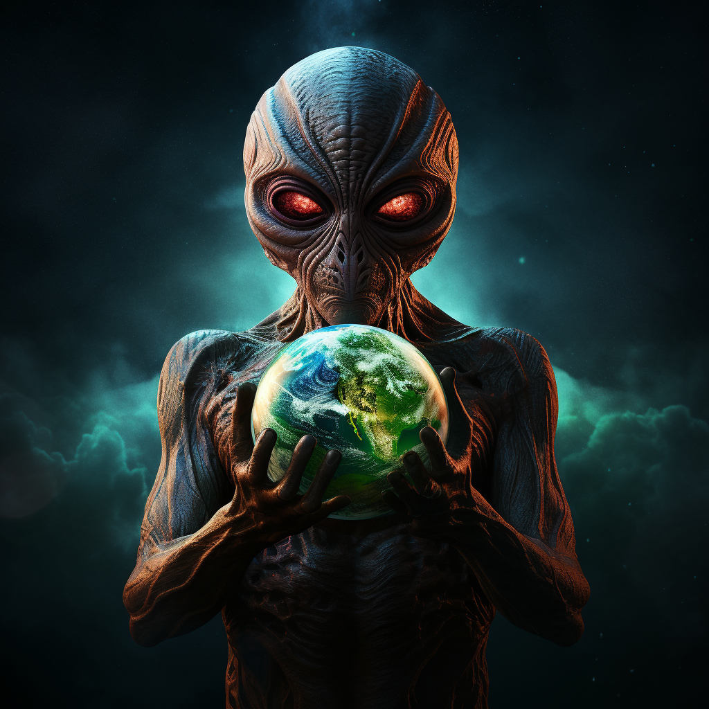 Psychedelic alien holding Earth