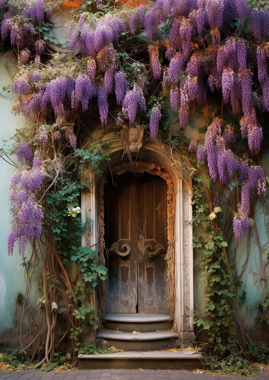 Old World Doorway in Lucca Italy with Wisteria and Vines