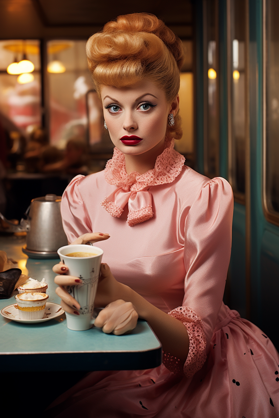 Lucille Ball enjoying coffee in a 1950's diner