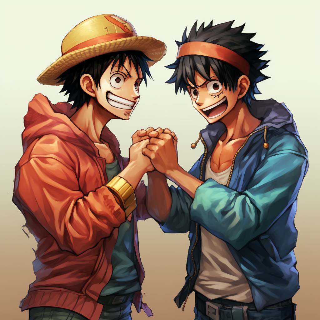 Dynamic fist bump between Luffy and Jotaro