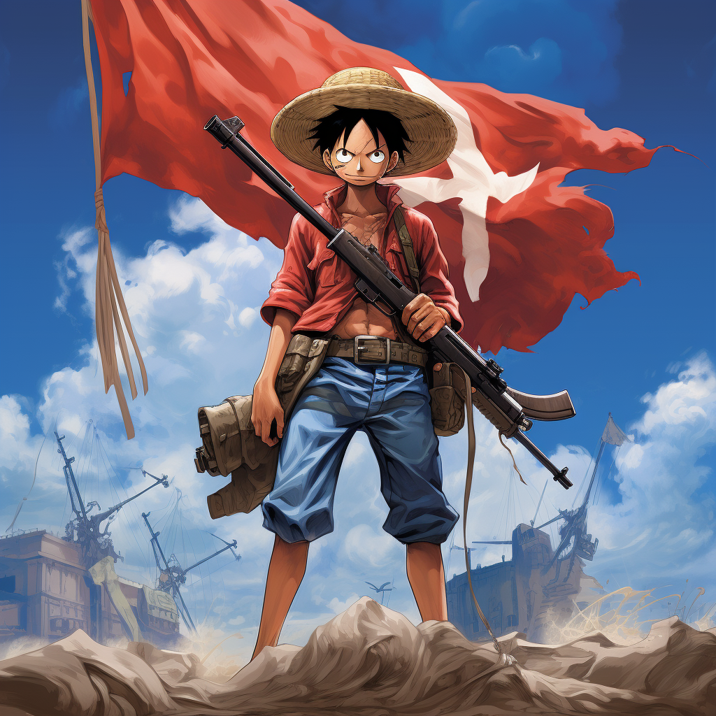 Luffy standing with an M16 rifle