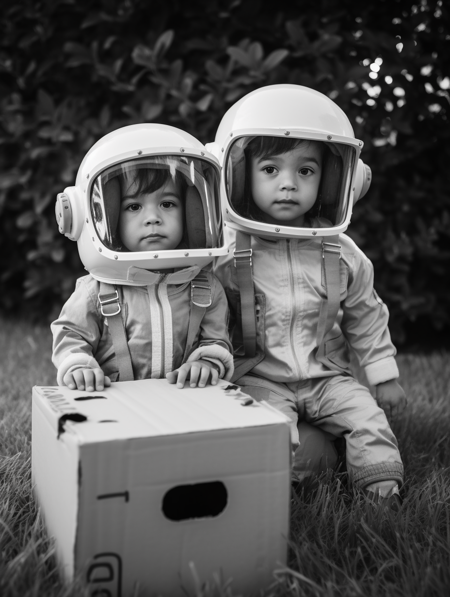 Children wearing cardboard box helmets in backyard