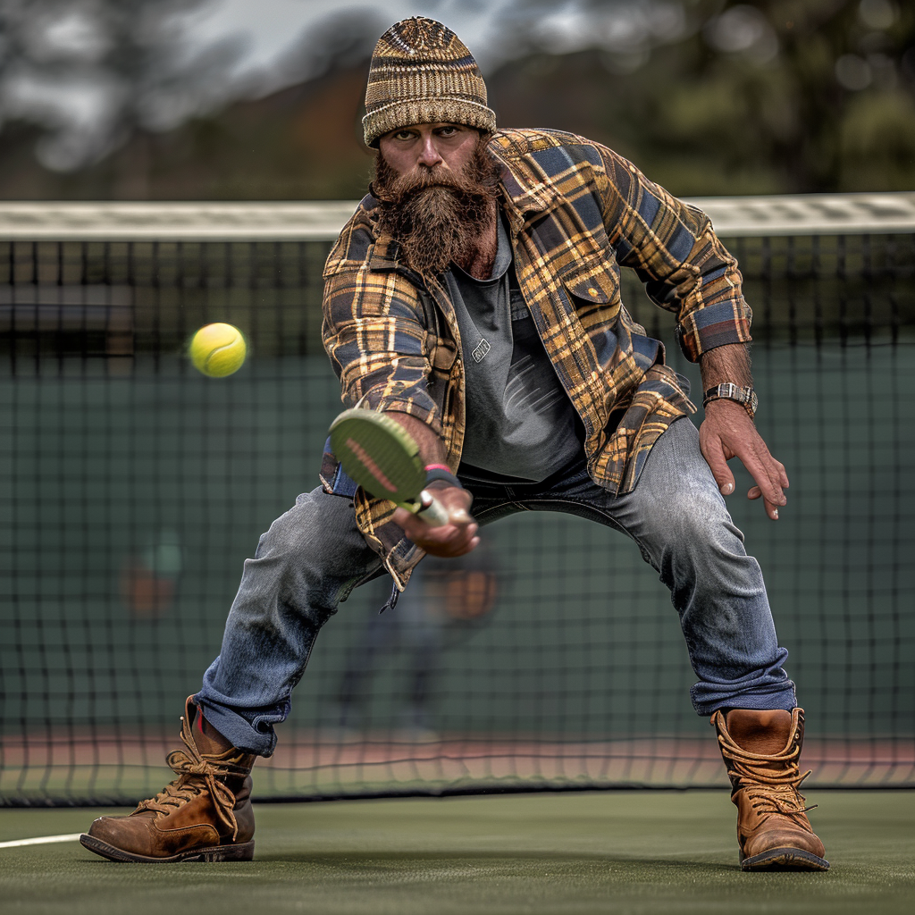 Lumberjack serving tennis ball on grass court