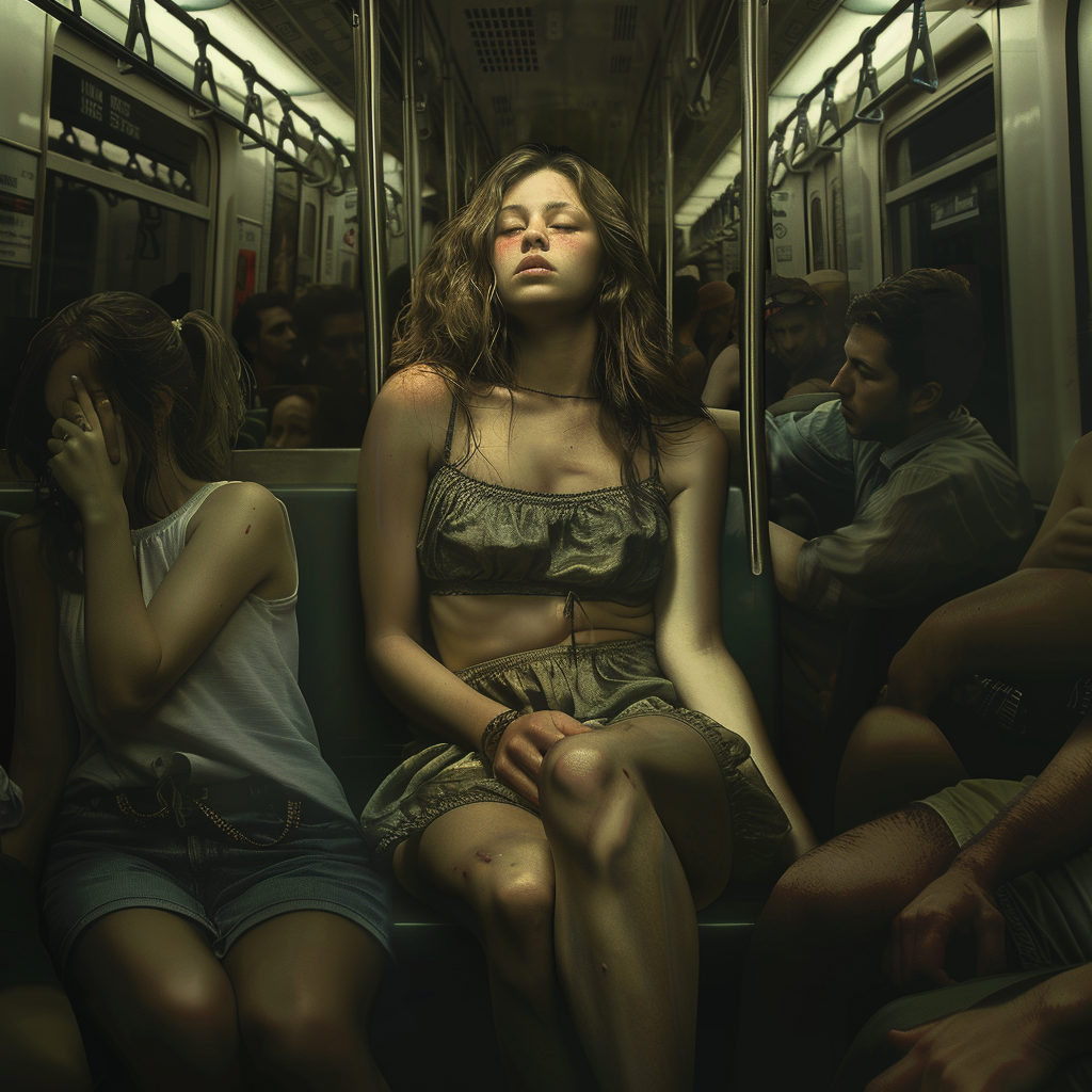 Pretty woman suffering in subway train.