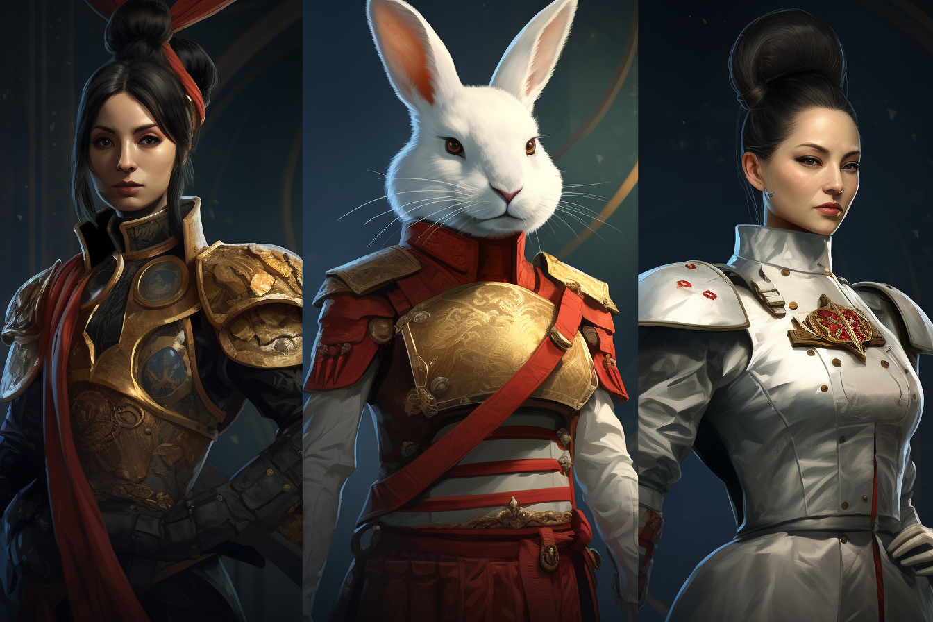 Elegant woman, Chinese general, and adorable rabbit