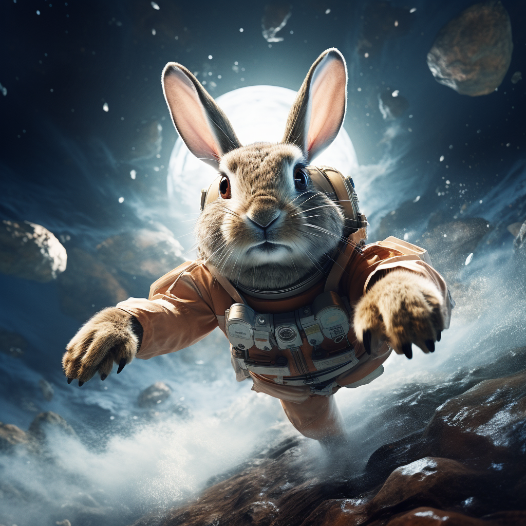 Cute bunny rabbit in a spacesuit exploring the moon