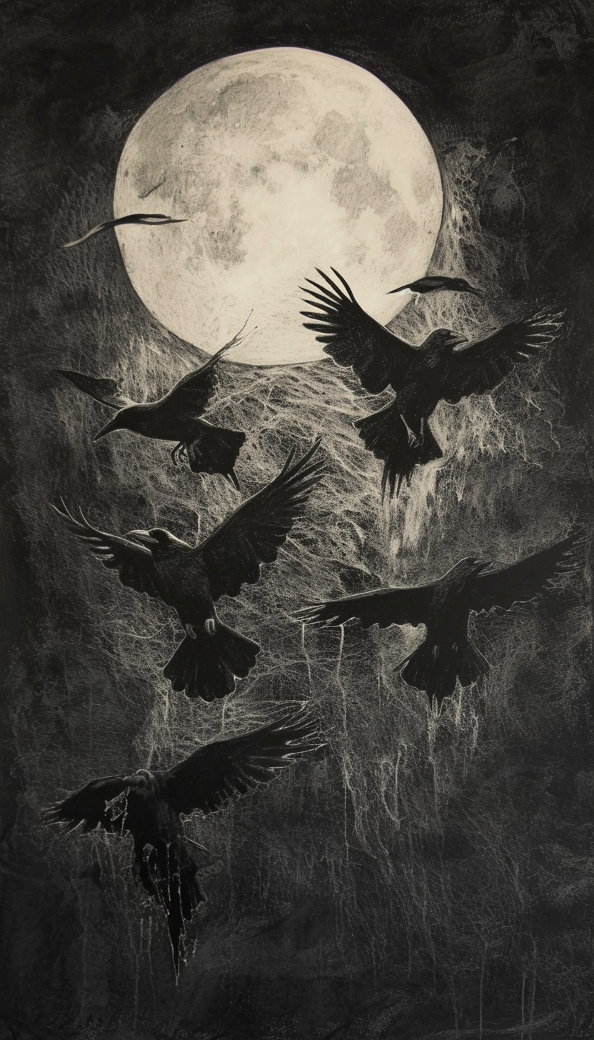 Lunar Flight Moonlit Crows Charcoal Sketch 3D Embroidered Pattern