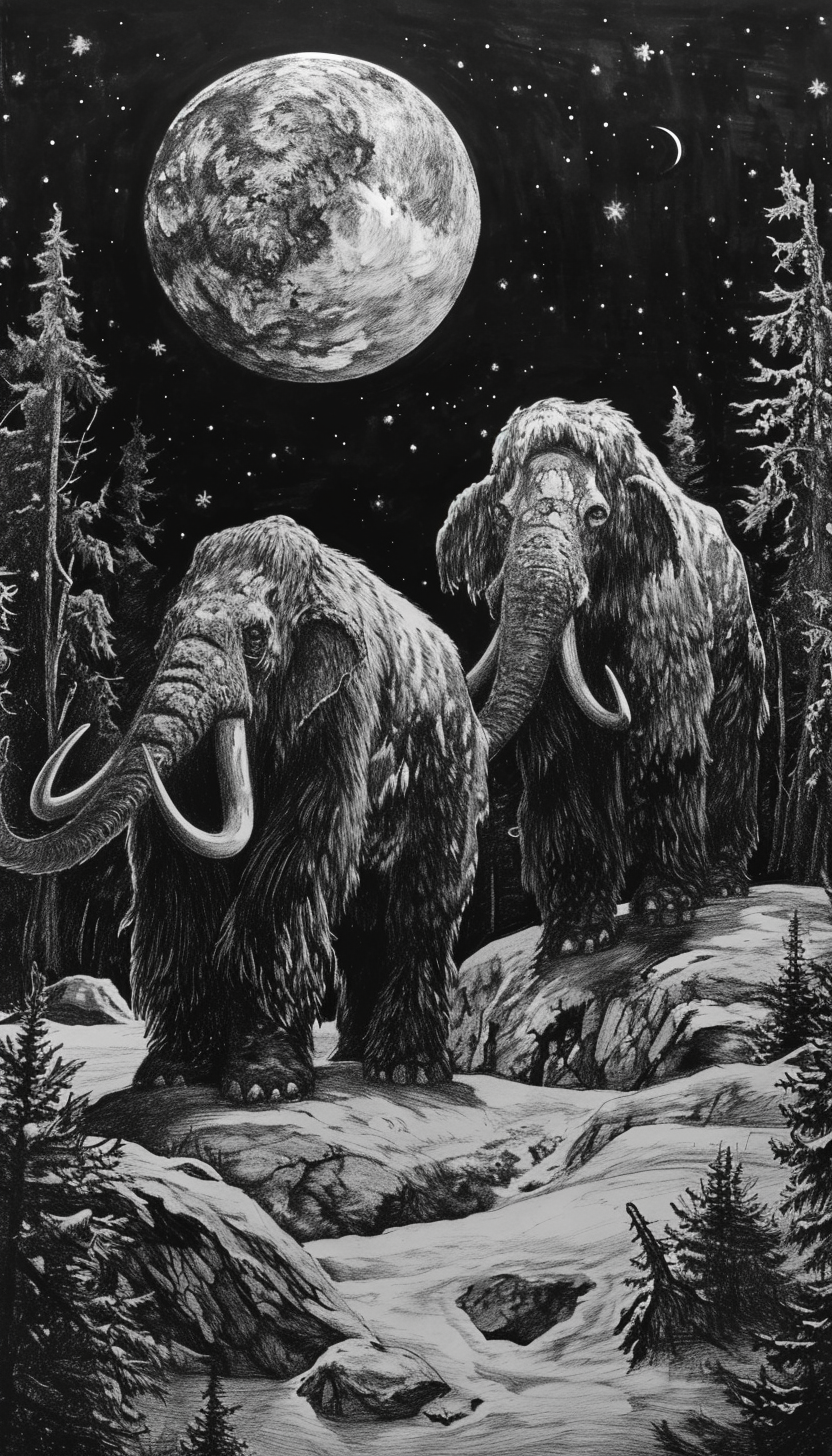 Lunar Lumber Moonlit Mammoths Charcoal Sketch 3D Embroidered