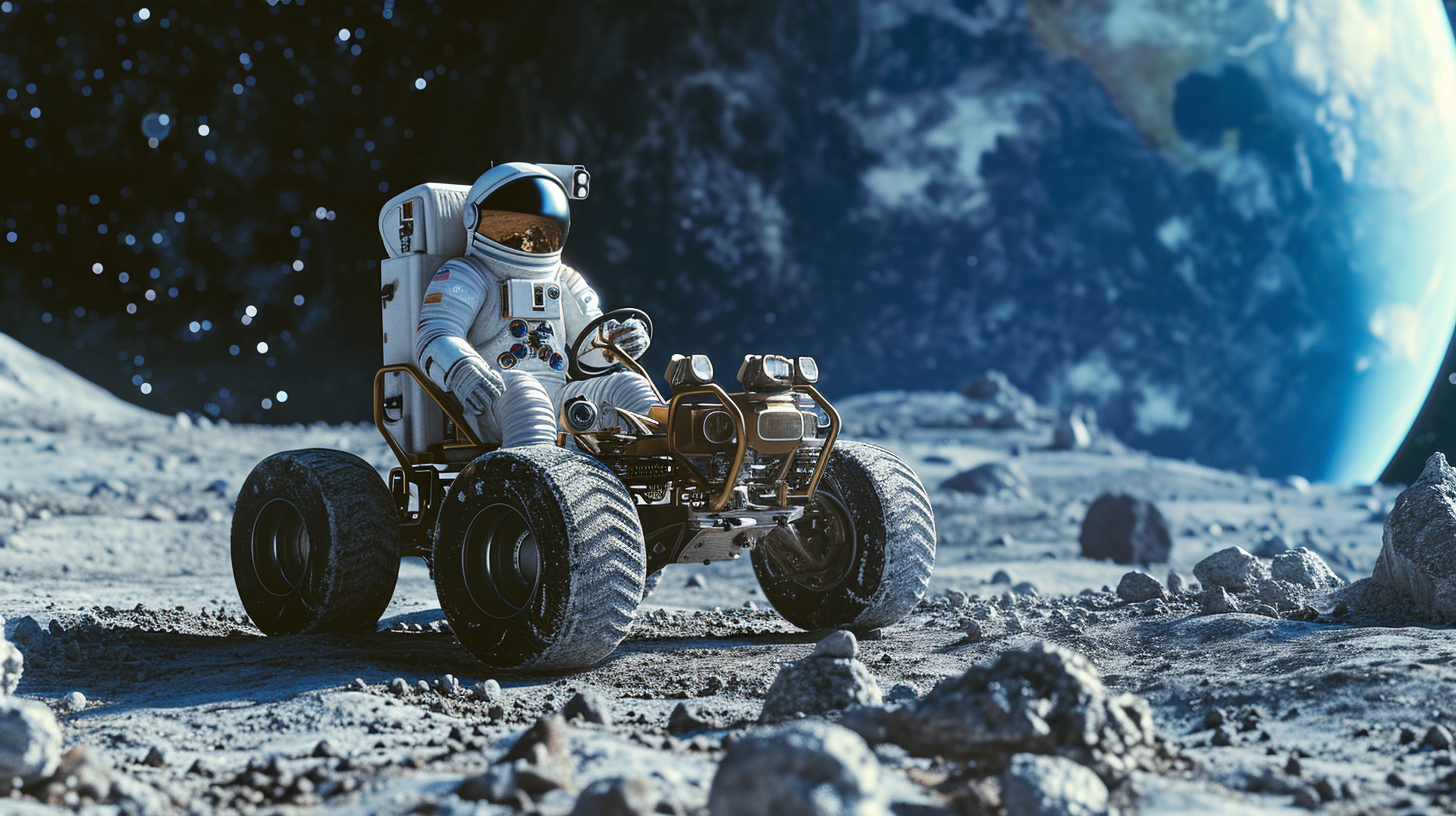 Astronaut driving lunar rover on moon surface