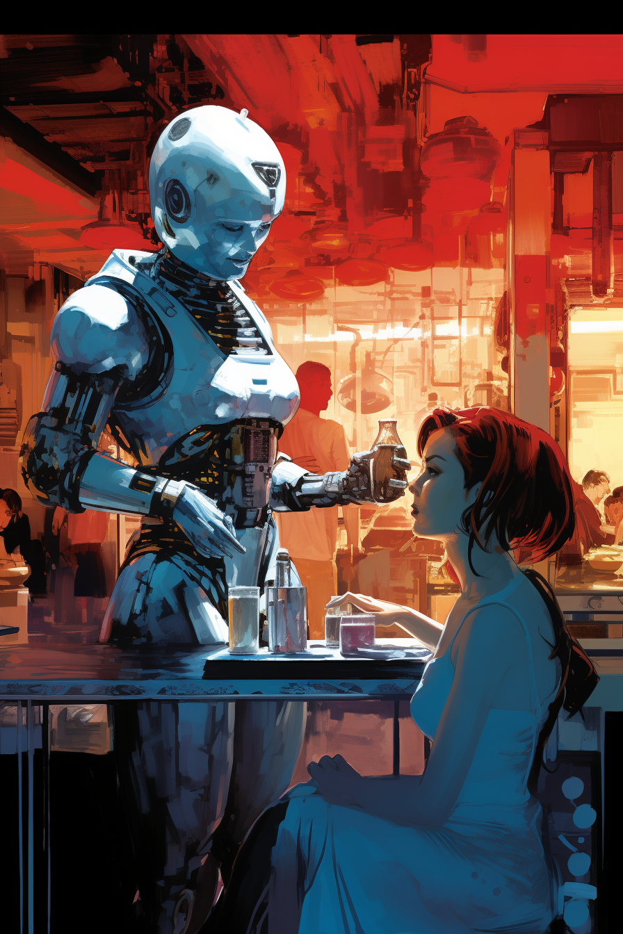 Smiling chrome robot waitress in lunar surface diner