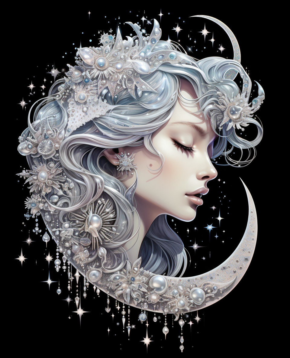 Illustration of a silver crescent moon with sparkling gemstones