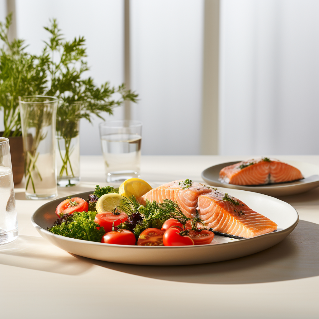 Salmon lunch table with parsley and tomatoes