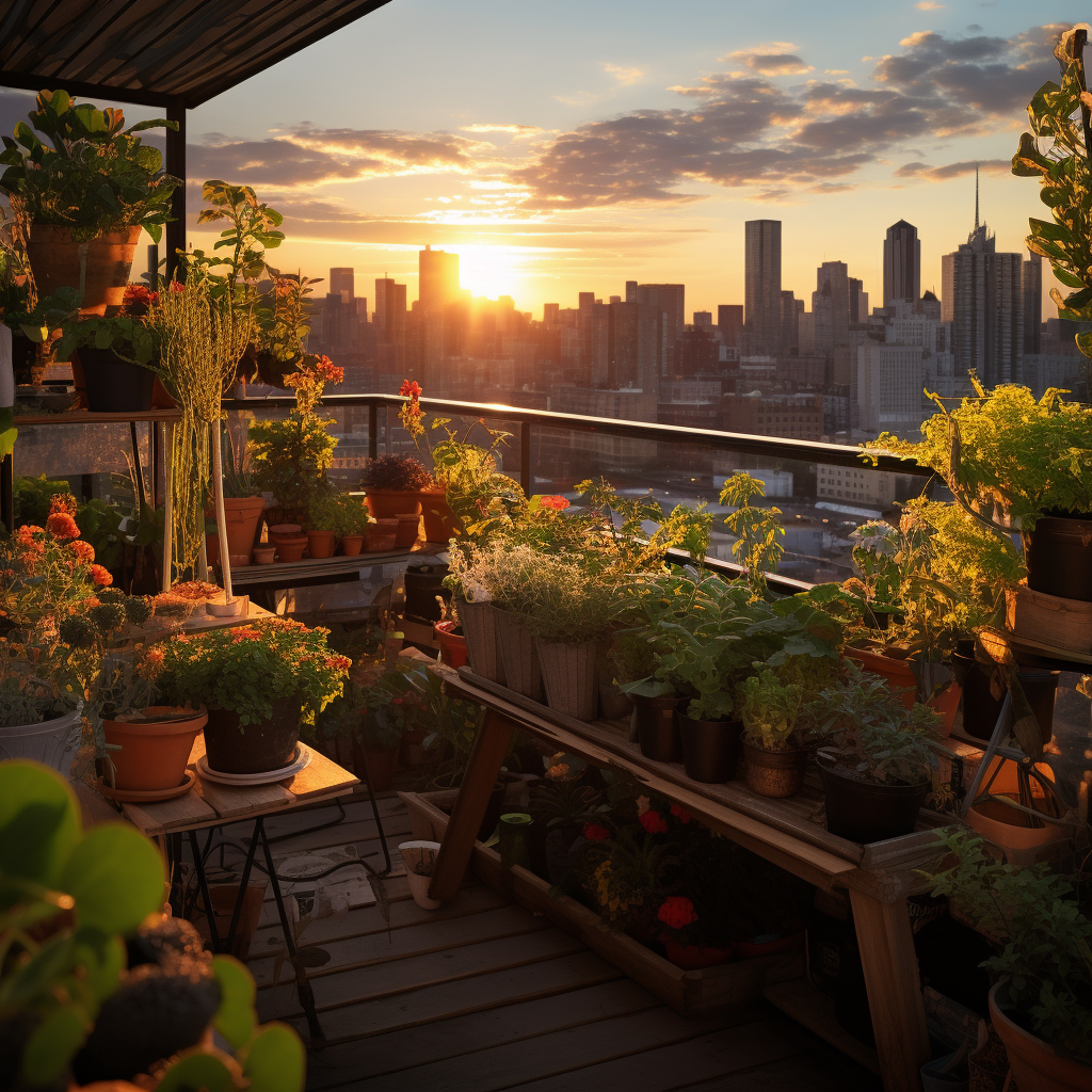 Beautiful balcony garden with city skyline backdrop