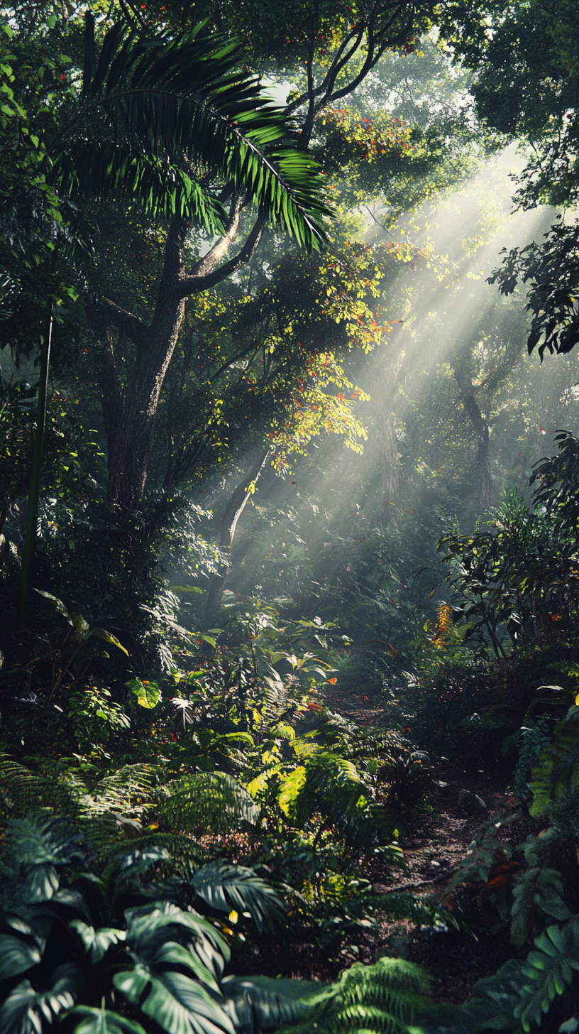 Lush forest with sunbeams