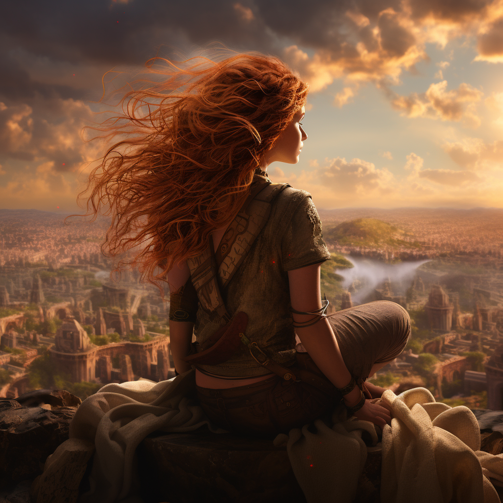 Beautiful female hero with lush hair sitting at the end of the world