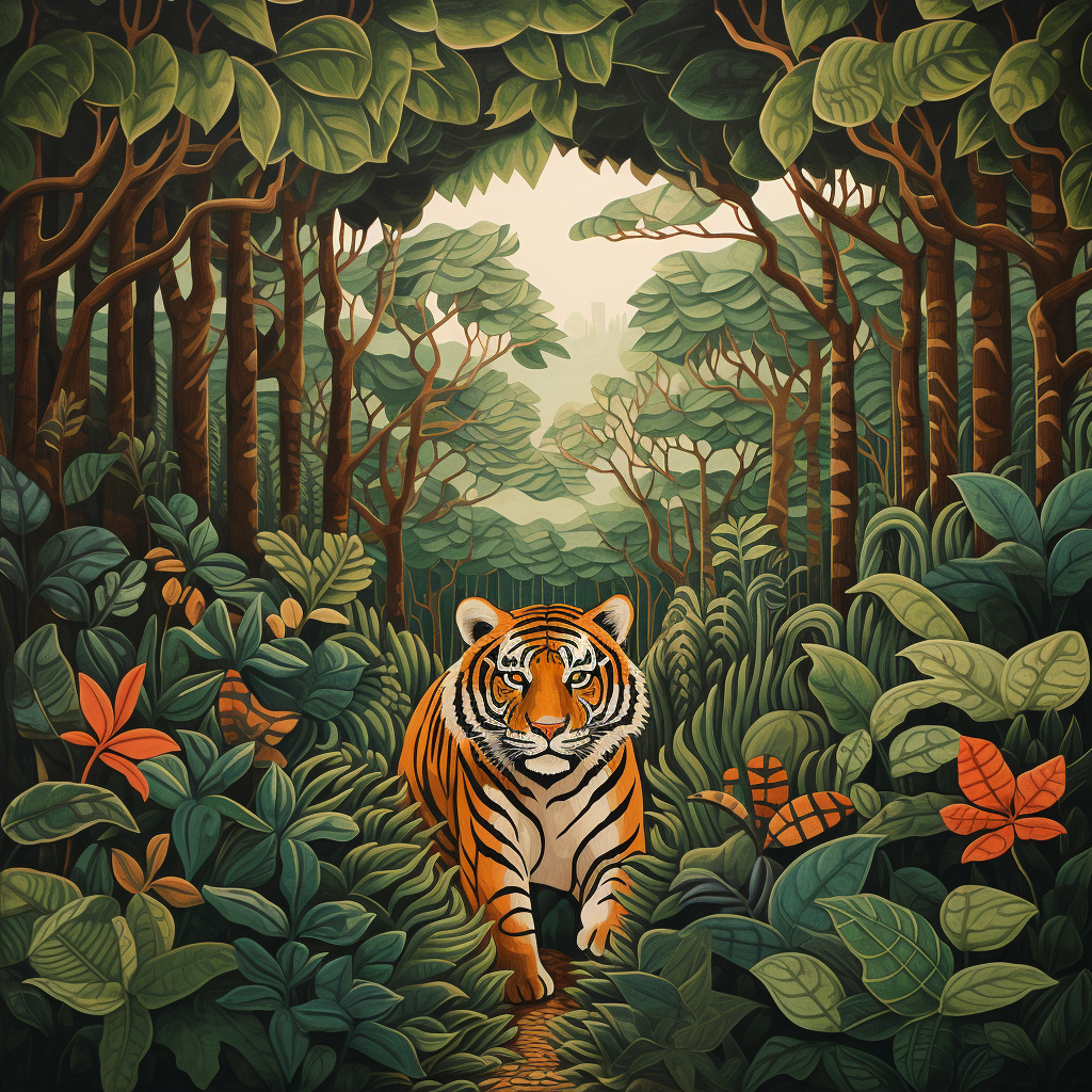 Tiger walking through lush jungle