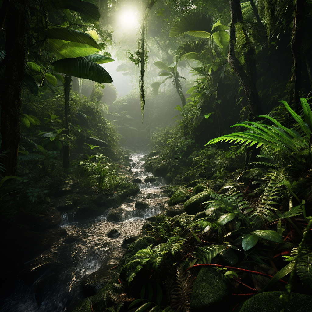 Serene lush rainforest before thunderstorm