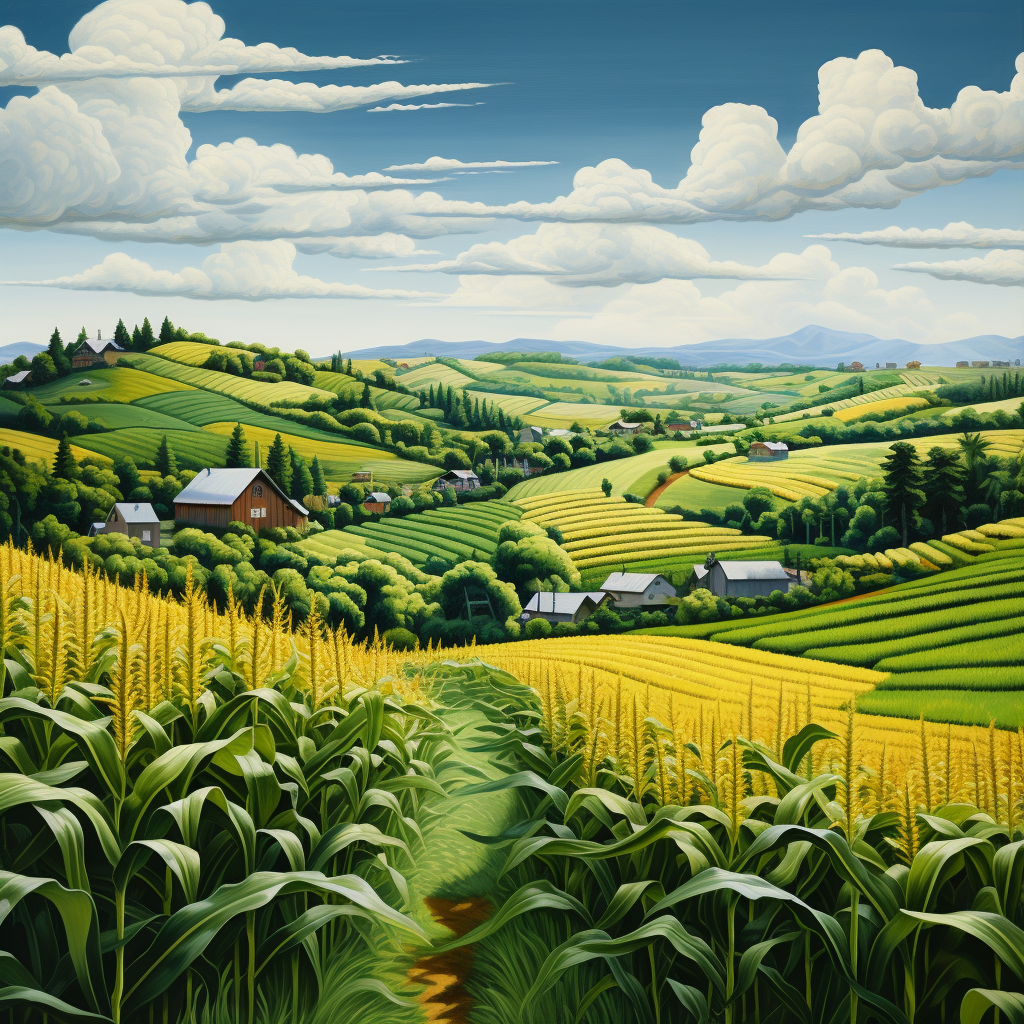 Beautiful lush rolling fields and corn farms