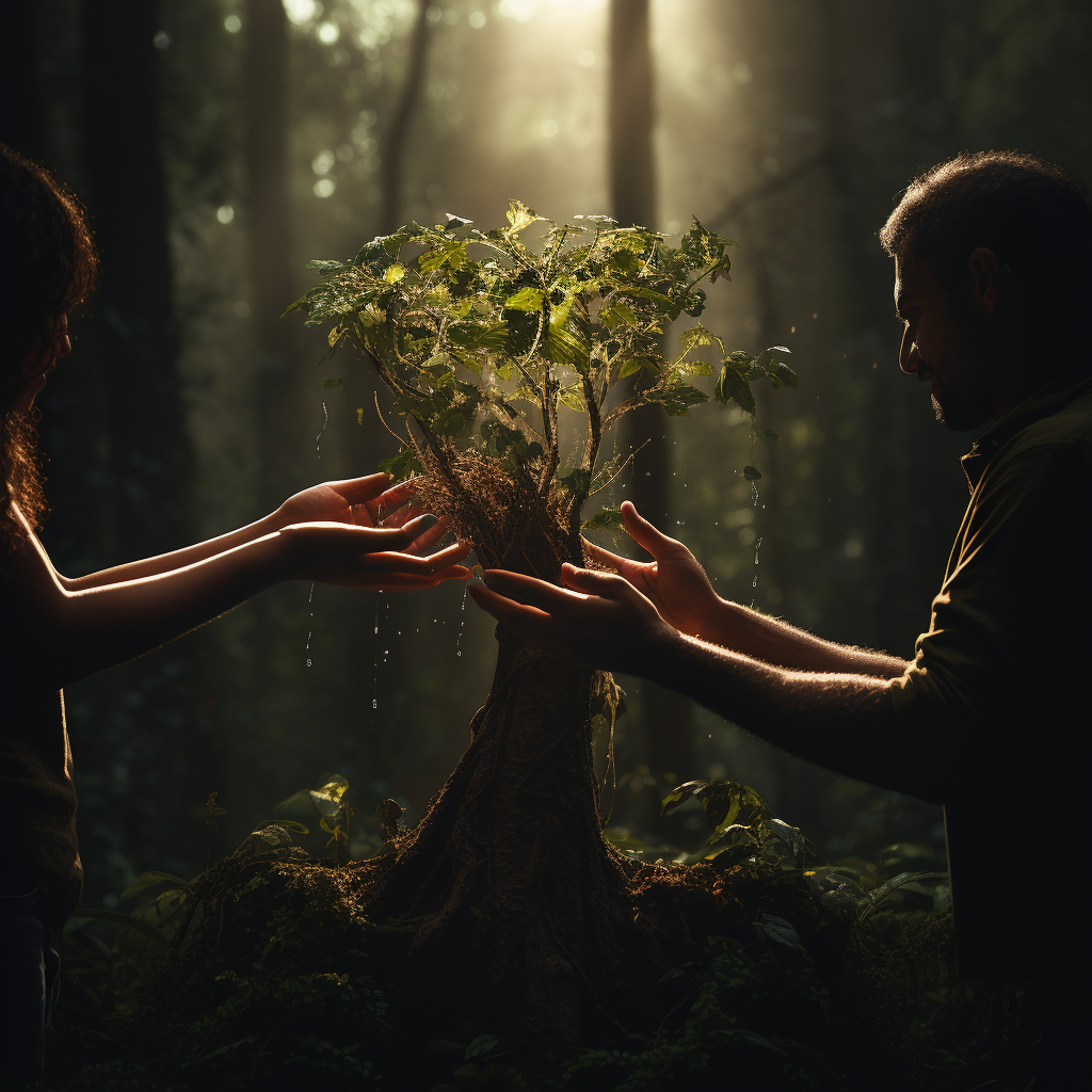 Image of a lush tree with a man and woman holding its branches.