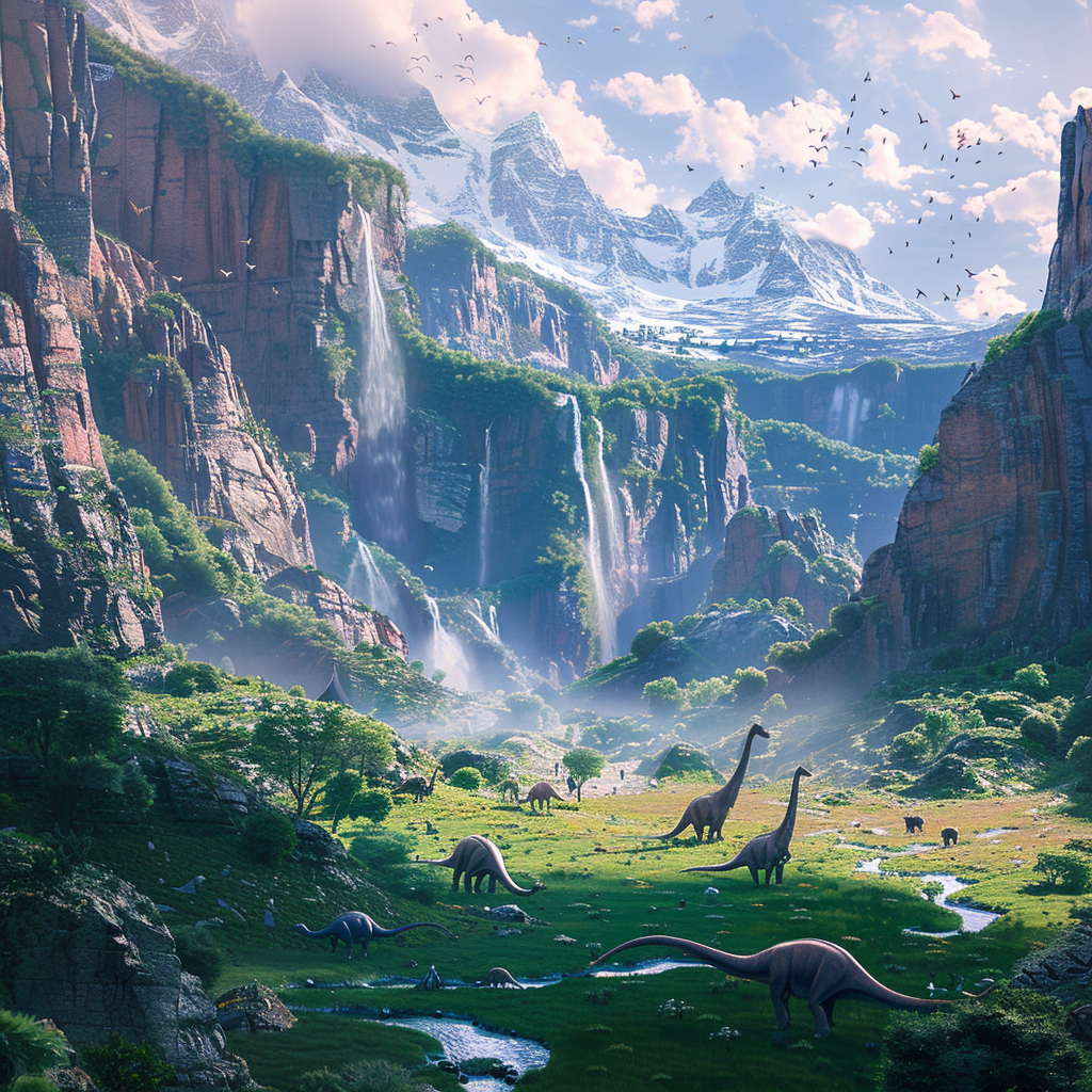 lush valley waterfalls dinosaurs city