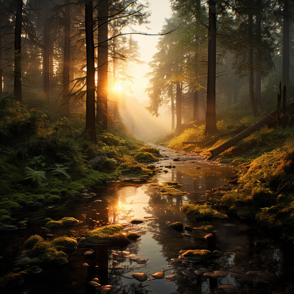 Serene lush forest at sunrise